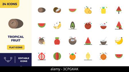 Revolutionary set of 24 PIXEL perfect vector icons inspired by Tropical Fruit, created in Flat Color format at 128x128 resolution for cutting-edge des Stock Vector