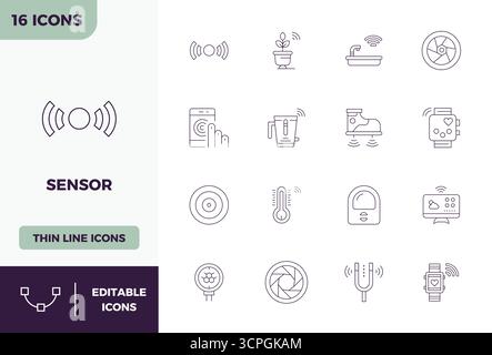 This Sensor vector icon pack includes 16 Minimal Line designs in 128x128 PIXEL perfect format, perfect for enhancing digital interfaces. Stock Vector