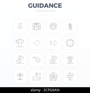 Expertly designed 16 Thin Outline PIXEL perfect vector icons for Guidance, engineered at 128x128 resolution for flawless integration and performance. Stock Vector