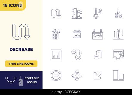 Collection of 16 Minimal Line PIXEL perfect vector icons for Decrease, designed in 128x128 format for clarity and versatility. Stock Vector