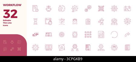 Revolutionary set of 32 PIXEL perfect vector icons inspired by Workflow, created in Thin Line format at 128x128 resolution for cutting-edge design. Stock Vector