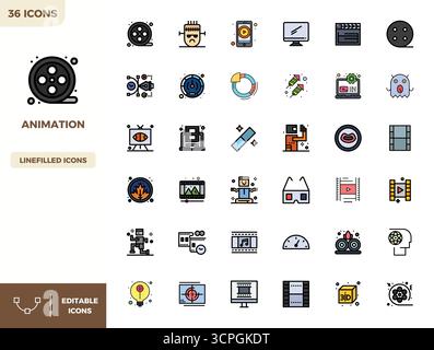 Comprehensive bundle featuring 36 vector icons in Flat Lineal Color design for Animation, delivered in crisp 128x128 PIXEL perfect quality. Stock Vector