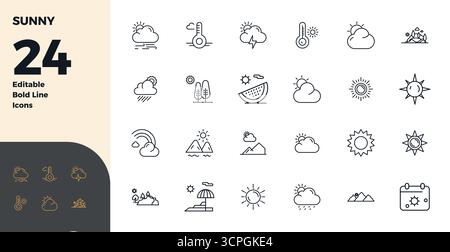 Distinctive pack of 24 PIXEL perfect vector icons inspired by Sunny, crafted in Bold Line format at 128x128 for memorable brand experiences. Stock Vector