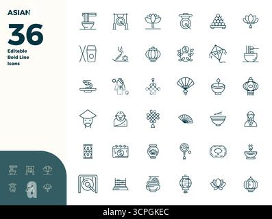 A clean collection of 36 Bold Line vector icons representing Asian, designed in 128x128 PIXEL perfect format for modern dashboards and interfaces. Stock Vector