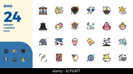 Set of 24 Duotone PIXEL perfect vector icons themed around Bird, crafted in 128x128 resolution for seamless integration in apps and websites. Stock Vector