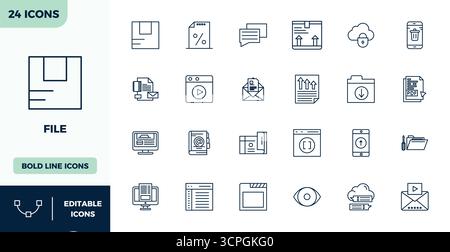 Industry-leading pack of 24 Heavy Line PIXEL perfect vector icons for File, sized at 128x128 for optimal rendering and user interface excellence. Stock Vector