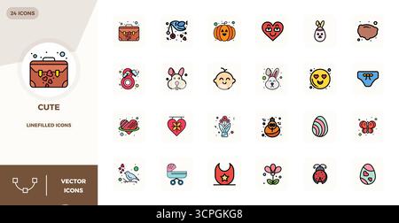 Industry-leading pack of 24 LineFilled PIXEL perfect vector icons for Cute, sized at 128x128 for optimal rendering and user interface excellence. Stock Vector