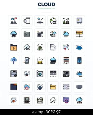 State-of-the-art bundle featuring 42 PIXEL perfect vector icons inspired by Cloud, created in LineFill format at 128x128 for next-generation interface Stock Vector