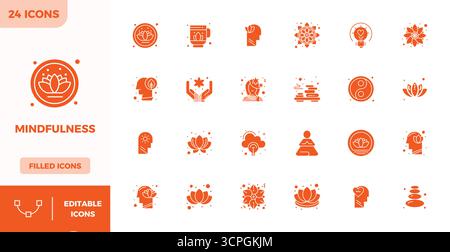 Expertly designed 24 Filled PIXEL perfect vector icons for Mindfulness, engineered at 128x128 resolution for flawless integration and performance. Stock Vector