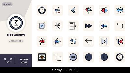 Carefully curated 24 LineFilled vector icons for Left Arrow, featuring 128x128 PIXEL perfect resolution for consistent brand representation and user e Stock Vector