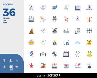 Contemporary collection of 36 vector icons representing Rocket in Flat aesthetic, featuring 128x128 PIXEL perfect resolution for modern application de Stock Vector