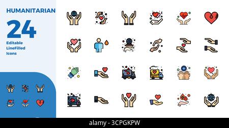 Industry-leading pack of 24 Duotone PIXEL perfect vector icons for Humanitarian, sized at 128x128 for optimal rendering and user interface excellence. Stock Vector
