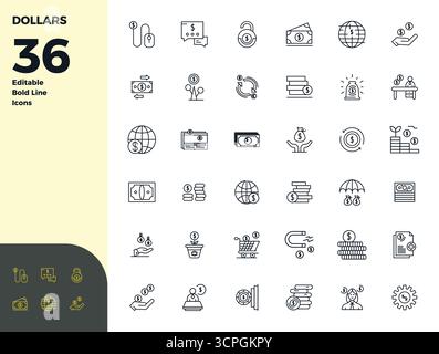 Explore 36 Bold Line PIXEL perfect vector icons in 128x128 resolution inspired by Dollars. Perfect for web and app interfaces. Stock Vector