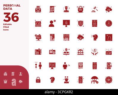 Thoughtfully designed 36 vector icons themed around Personal Data, crafted in Glyph Filled with 128x128 PIXEL perfect precision for contemporary desig Stock Vector