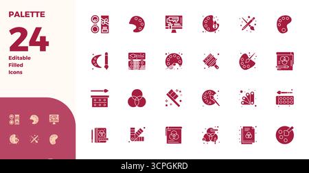 Thoughtfully designed 24 vector icons themed around Palette, crafted in Glyph Filled with 128x128 PIXEL perfect precision for contemporary design need Stock Vector
