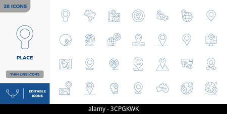 High-performance collection of 28 Minimal Line vector icons for Place, engineered with 128x128 PIXEL perfect resolution for optimal user interface des Stock Vector