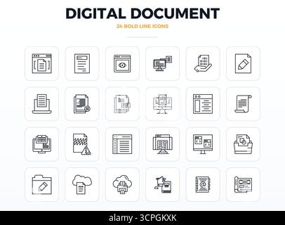 Unlock 24 Strong Outline PIXEL perfect vector icons inspired by Digital Document, optimized in 128x128 format for flawless display across all devices. Stock Vector