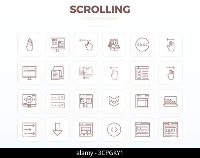 Exceptional collection of 24 Strong Outline vector icons for Scrolling, delivered in 128x128 PIXEL perfect resolution for unparalleled visual excellen Stock Vector