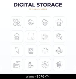 A clean collection of 16 Thin Outline vector icons representing Digital Storage, designed in 128x128 PIXEL perfect format for modern dashboards and in Stock Vector