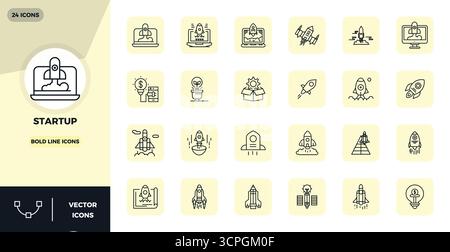 Distinctive pack of 24 PIXEL perfect vector icons inspired by Startup, crafted in Bold Line format at 128x128 for memorable brand experiences. Stock Vector
