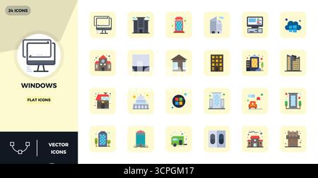 Contemporary collection of 24 vector icons representing Windows in Flat aesthetic, featuring 128x128 PIXEL perfect resolution for modern application d Stock Vector