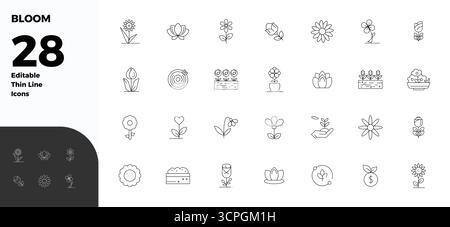Carefully curated 28 Thin Line vector icons for Bloom, featuring 128x128 PIXEL perfect resolution for consistent brand representation and user experie Stock Vector