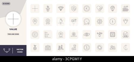 Comprehensive bundle featuring 32 vector icons in Thin Line design for Value, delivered in crisp 128x128 PIXEL perfect quality. Stock Vector