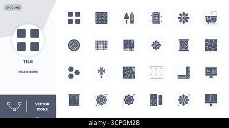 State-of-the-art bundle featuring 24 PIXEL perfect vector icons inspired by Tile, created in Filled format at 128x128 for next-generation interfaces. Stock Vector