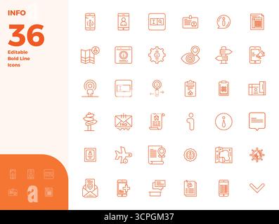Streamlined set of 36 vector icons for Info in Bold Line aesthetic, featuring 128x128 PIXEL perfect resolution for seamless user experiences. Stock Vector