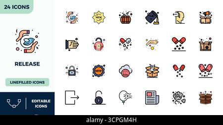 Handcrafted collection featuring 24 Flat Lineal Color vector icons for Release, optimized in 128x128 PIXEL perfect resolution for premium digital expe Stock Vector