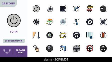 Set of 24 Flat Lineal Color PIXEL perfect vector icons themed around Turn, crafted in 128x128 resolution for seamless integration in apps and websites Stock Vector