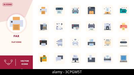 Complete package of 24 vector icons themed around Fax, showcasing Flat design in 128x128 PIXEL perfect quality for modern interfaces. Stock Vector