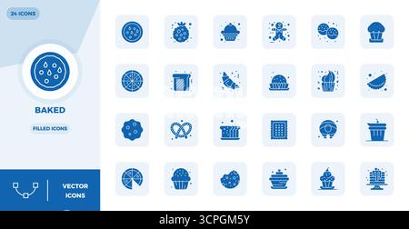 High-performance collection of 24 Filled vector icons for Baked, engineered with 128x128 PIXEL perfect resolution for optimal user interface design. Stock Vector