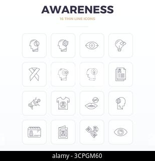 Strategic bundle featuring 16 vector icons representing Awareness in Thin Outline format, optimized with 128x128 PIXEL perfect quality for professiona Stock Vector