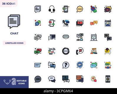 Complete package of 36 vector icons themed around Chat, showcasing Flat Lineal Color design in 128x128 PIXEL perfect quality for modern interfaces. Stock Vector