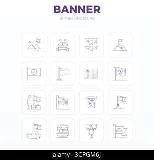Professionally designed 16 vector icons in Thin Outline, capturing the essence of Banner with 128x128 PIXEL perfect precision for UI design. Stock Vector