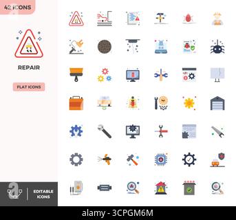 Innovative pack of 42 vector icons themed around Repair, showcasing Flat Color design in 128x128 PIXEL perfect format for modern digital solutions. Stock Vector