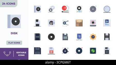 High-performance collection of 24 Flat Color vector icons for Disk, engineered with 128x128 PIXEL perfect resolution for optimal user interface design Stock Vector