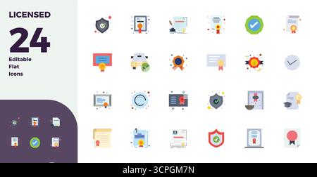 Streamlined set of 24 vector icons for Licensed in Flat aesthetic, featuring 128x128 PIXEL perfect resolution for seamless user experiences. Stock Vector