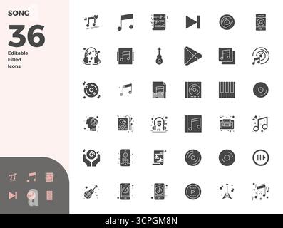 This set of 36 Glyph Filled vector icons captures Song themes in 128x128 PIXEL perfect quality, perfect for tech and business applications. Stock Vector