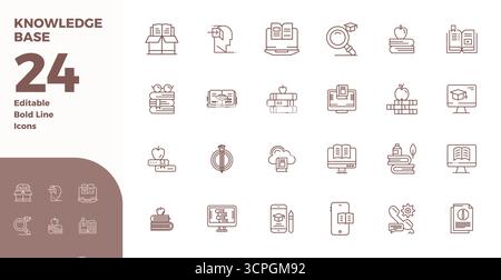 Enhance your projects with 24 Bold Line vector icons themed around Knowledge Base, featuring 128x128 PIXEL perfect resolution ideal for clean and prof Stock Vector