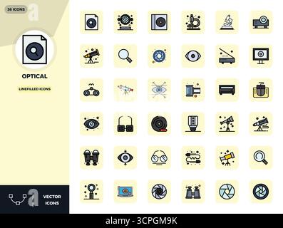 High-performance collection of 36 LineFilled vector icons for Optical, engineered with 128x128 PIXEL perfect resolution for optimal user interface des Stock Vector