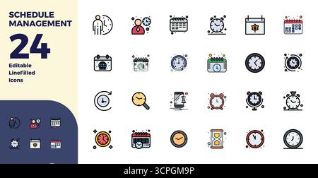 Streamlined set of 24 vector icons for Schedule Management in Duotone aesthetic, featuring 128x128 PIXEL perfect resolution for seamless user experien Stock Vector