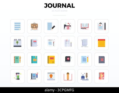 Discover a set of 24 Minimal Flat vector icons crafted for the Journal theme, featuring 128x128 PIXEL perfect designs ideal for modern UI/UX projects. Stock Vector