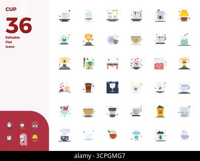 Masterfully created 36 vector icons representing Cup in Flat design, featuring 128x128 PIXEL perfect resolution for exceptional visual quality. Stock Vector