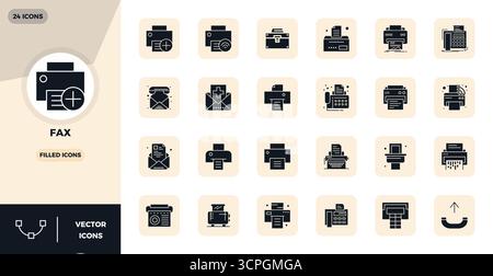 Exclusive collection of 24 Filled vector icons for Fax, developed with 128x128 PIXEL perfect resolution for premium brand experiences. Stock Vector