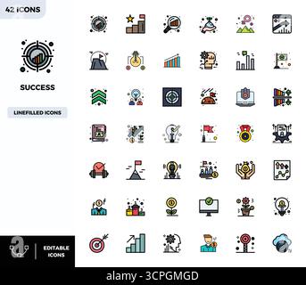 Vector pack with 42 Flat Lineal Color PIXEL perfect icons inspired by Success, delivered in 128x128 resolution ideal for scalable and creative design Stock Vector