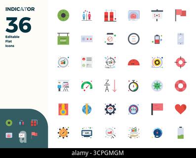 Advanced collection of 36 PIXEL perfect vector icons inspired by Indicator, crafted in Flat with 128x128 optimization for superior visual performance. Stock Vector