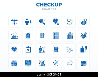 Essential pack of 24 PIXEL perfect vector icons for Checkup in SolidFill format, sized at 128x128 for optimal performance and scalability. Stock Vector