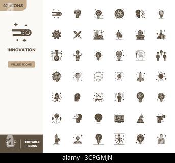 Distinctive pack of 42 PIXEL perfect vector icons inspired by Innovation, crafted in Filled format at 128x128 for memorable brand experiences. Stock Vector